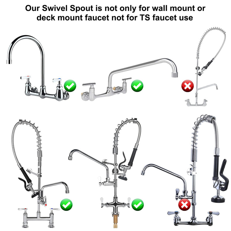 Swivel Swing Nozzle Spout 12 Inch Replacement Kit for Commercial Kitchen Sink Faucet Stainless Steel Add-on Spout Fits for 2 or 3 Bay Compartment Sinks, Chrome Finish (M25*1.25mm)