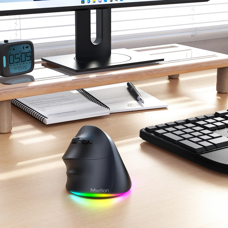 MEETION Left-Handed Ergonomic Mouse, Vertical RGB Wireless Design, Black | Comfortable vertical grip for left-handed users, rechargeable battery, Bluetooth 5.2/3.0, USB-A receiver, 4 DPI settings