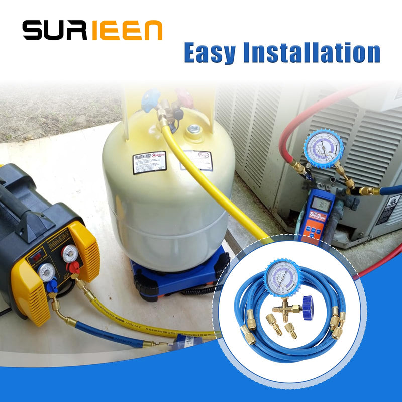 SURIEN R410A Recharge Kit AC Charging Hose, R410A R134A R22 Manifold Gauge Hose Set for Air Condition Refrigeration Charging, with R410a Adapter 1/4" SAE to 1/2" & 5/16'' for Mini Split System