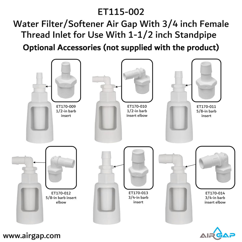 Water Filter/Softener Air Gap With 3/4-inch Female Threaded Inlet for Use With 1-1/2-inch or 2 inches (with coupler) Standpipe (ET115-002, G-175, DLA-G15)