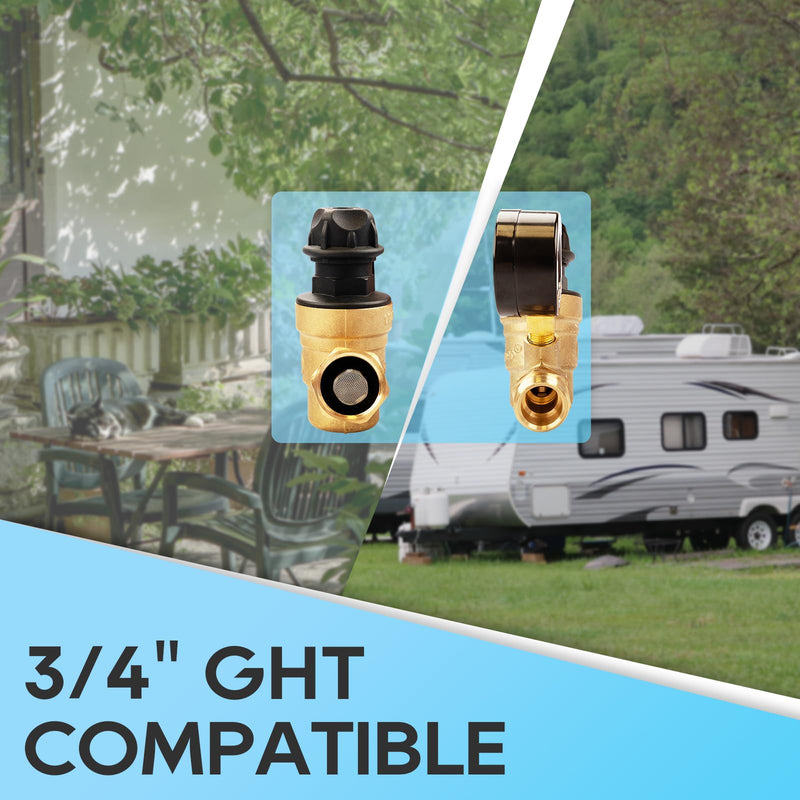 RVGUARD RV Water Pressure Regulator Valve With An Adjustable Knob, NO Tool Required, Brass Lead-Free Water Pressure Reducer with Gauge and Inlet Screen Filter for RV Camper Travel Trailer