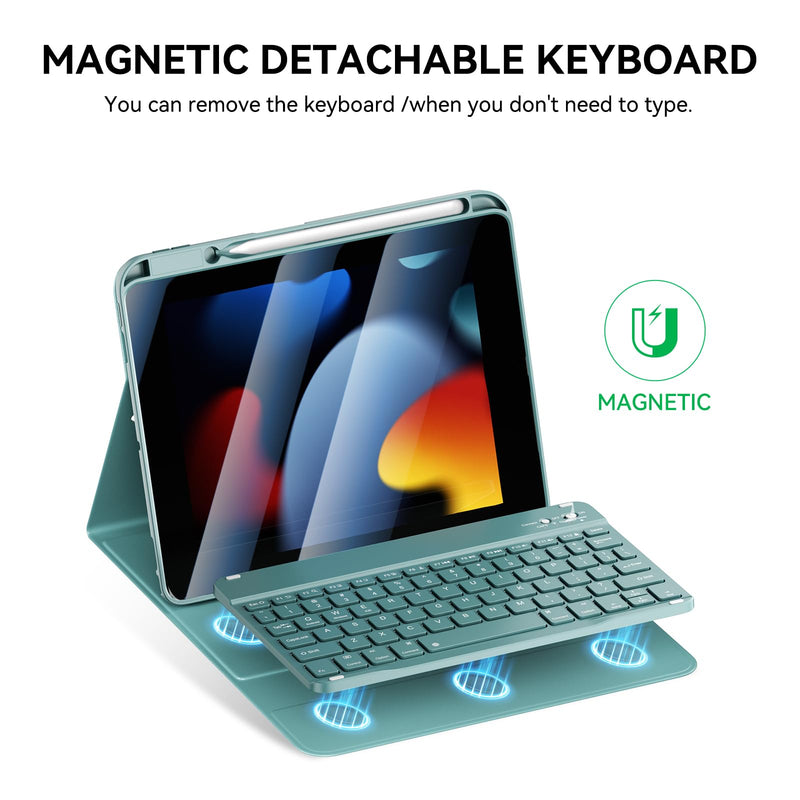 for iPad 7th/8th/9th Generation Case with Wireless Magnetic Keyboard | Compatible with 9/8/7th Gen 10.2in Detachable Case Three Adjustable Angles with Pen Slot and Honeycomb Heat Dissipation,Green