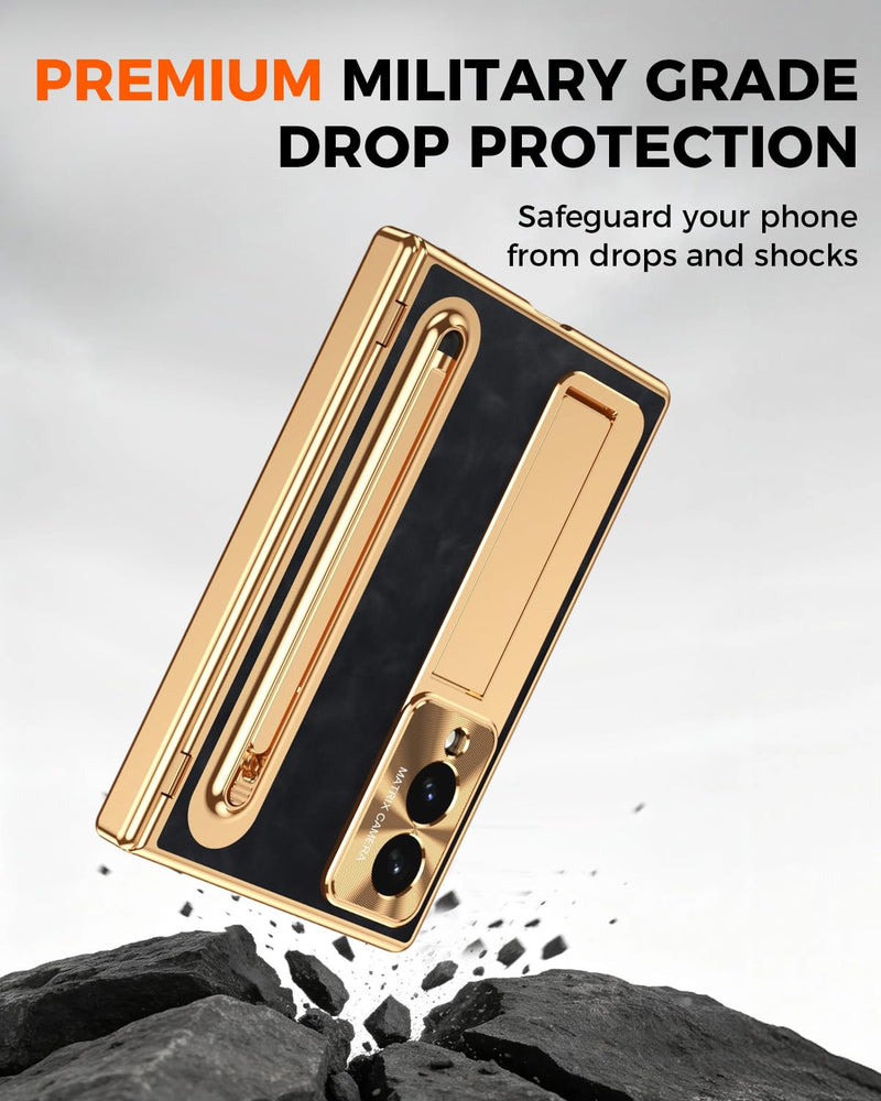 NINKI for Samsung Galaxy Z Fold 8 Case with S Pen Holder & Stylus, Galaxy Z Fold 8 Phone Case with Stand & Screen Protector, Plating Leather Hinge Protective Cover for Samsung Fold8 – Gold with Black Gold+Black