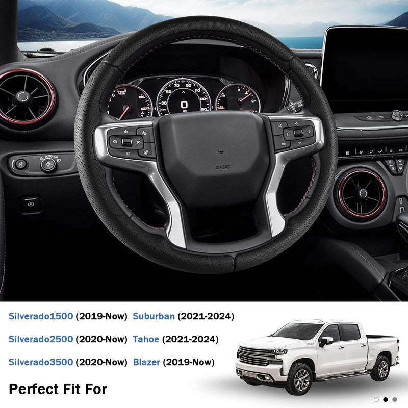 Steering Wheel Cover for Chevy Silverado 1500 2019-Present/ 2500 3500 2020-Present/Blazer 2019-Present (Gasoline Models)/ Suburban Tahoe 2021-2024, Car Steering Wheel Cover Accessories for Chevrolet Black Perforated Leather For Silverado 1500 2019-Now