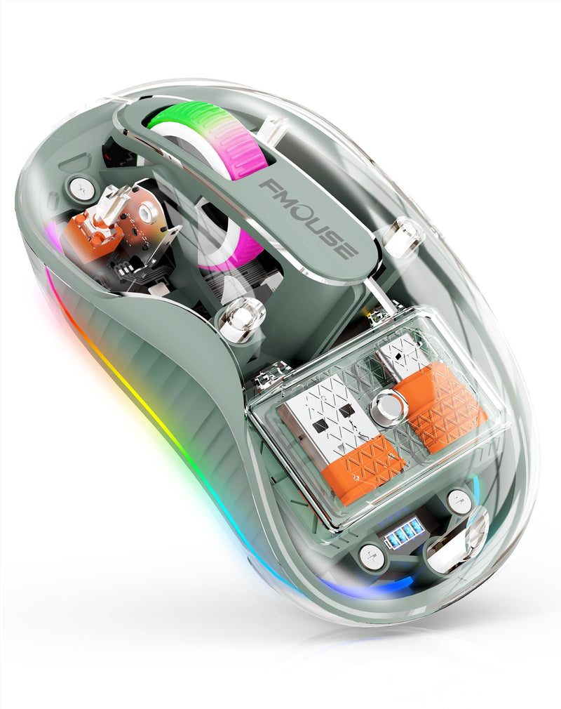 Interesting Transparent Bluetooth Mouse with USB & Type-C Two Receiver, Small Portable Silent Wireless Mice with RGB Lights for MacBook/pc/iPad/Laptop and Office Trip Green