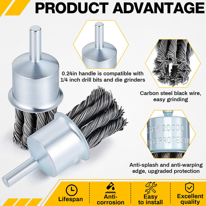 Threlaco 10 Pack 1 Inch Twist Knotted Wire End Brush with 1/4 Inch Shank for Drill, 20000 RPM Max Speed Heavy Duty Carbon Steel Wire Wheel for Die Grinders and Drills, Rust Paint Slag Removal