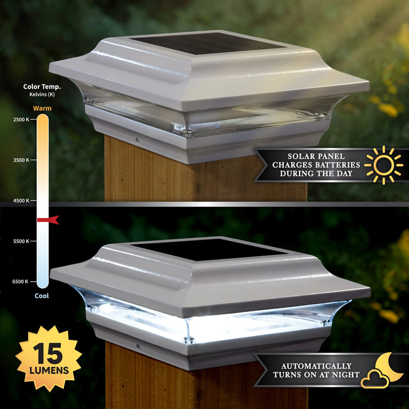 Classy Caps SL211W 4x4 Imperial Solar Post Cap, White – High-Performance LED Lights, Durable Cast Aluminum, Warm and Cool Light Modes, Fits 4"x4" or 3.5"x3.5" Posts, Ideal for Decks, Fences 4x4 Inch