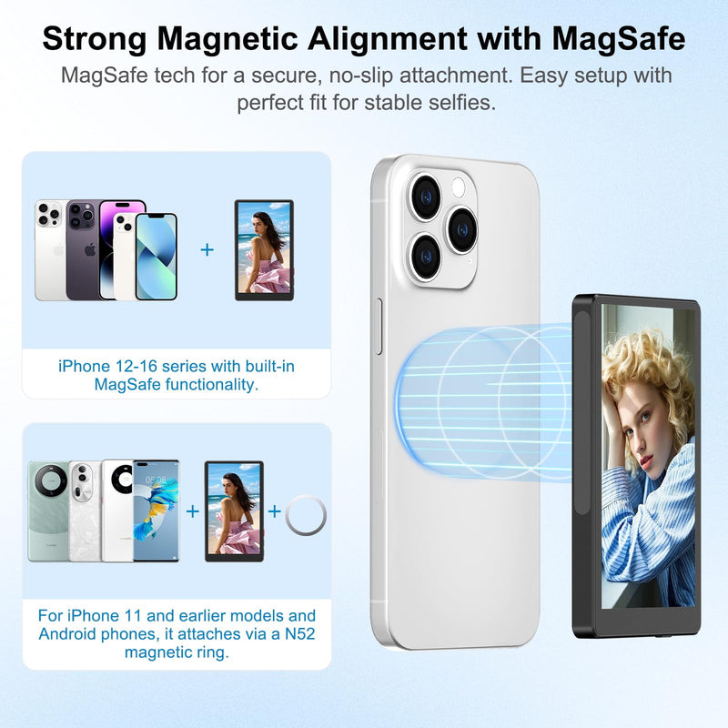 4" Magnetic Phone Vlog Selfie Monitor Screen, 1080P Wireless Recording, Phone Selfie Monitor Screen Back Camera Monitor for Selfie Vlog Live Stream TikTok,Compatible with iPhone, Android