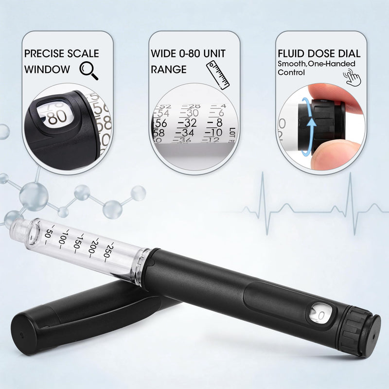 80 Unit Peptide Pen, Reusable Peptide Pen Injector for 3ml Cartridges, with Protect Travel Case, Clear Scale Design, Universal Compatibility (Black)