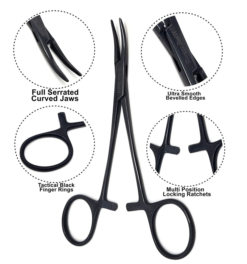 Hemostat Locking Forceps 5" Curved with Full Serrated Jaws Ideal for Clamping, Fishing, Firefighters Nurses Doctors + More (Tactical Black) Tactical Black