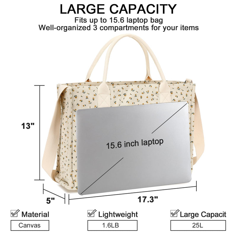 Laptop Tote Bag for Women Work 15.6 inch Canvas Shoulder Bags Computer Messenger Purse Teacher Handbag Office Briefcase Beige-flower 92（corduroy）