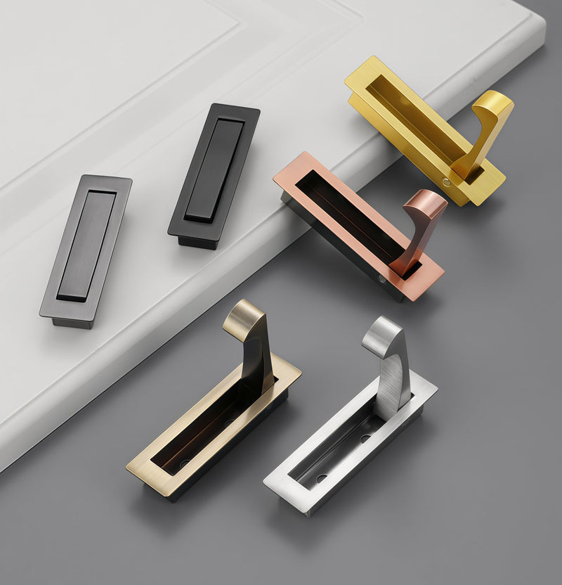 4 Pack Stainless Steel Recessed Pocket Door Pull Handle, Flush Mount Sliding Door Hardware with Hidden Finger Design, Used for Modern Furniture & Interior Doors, Brushed Brass 4 Pack