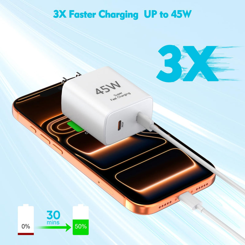 Apple 17e Fast Charging Block,[Apple MFi Certified]45W Dual Port iPhone Charger Fast Charging Plug & 4 Pack 60W USB C Cable Cord[3/6/6/10FT]for iPhone 17/17 Pro/17 Air/16/16 e/16 Pro/16 Plus/15/15 Pro Whitte