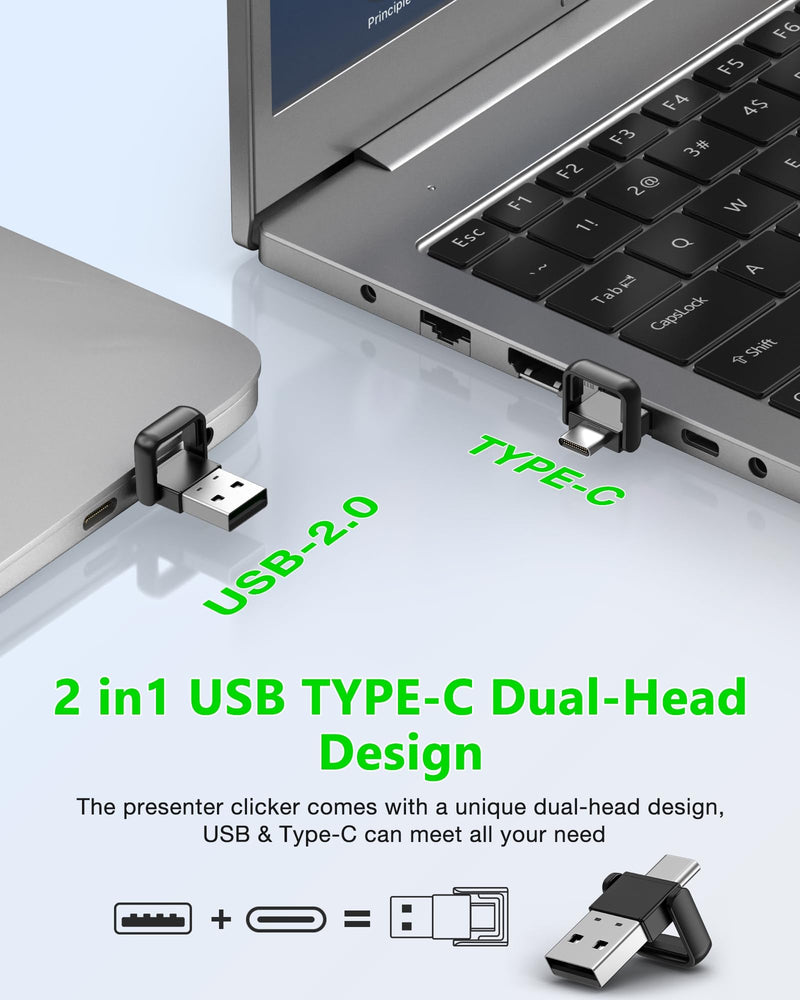 Wireless Presentation Clicker- Clicker for Powerpoint Presentations- Rechargeable Presentation Remote, Slide Advancer for Keynote/PPT/Mac/PC/Laptop Green Light-Rechargeable & Metal