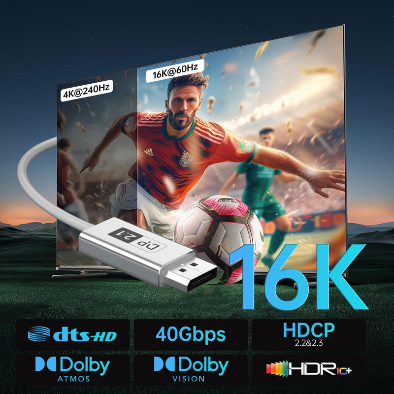 DisplayPort 2.1 Cable Fiber Optic 33ft[16K@60Hz,8K@120Hz,4K@240Hz]40Gbps DP 2.1 Cable Compatible with Gaming Monitor NVIDIA GeForce RTX 4090 & AMD Radeon RX 7900 XTX - FreeSync G-Sync Support