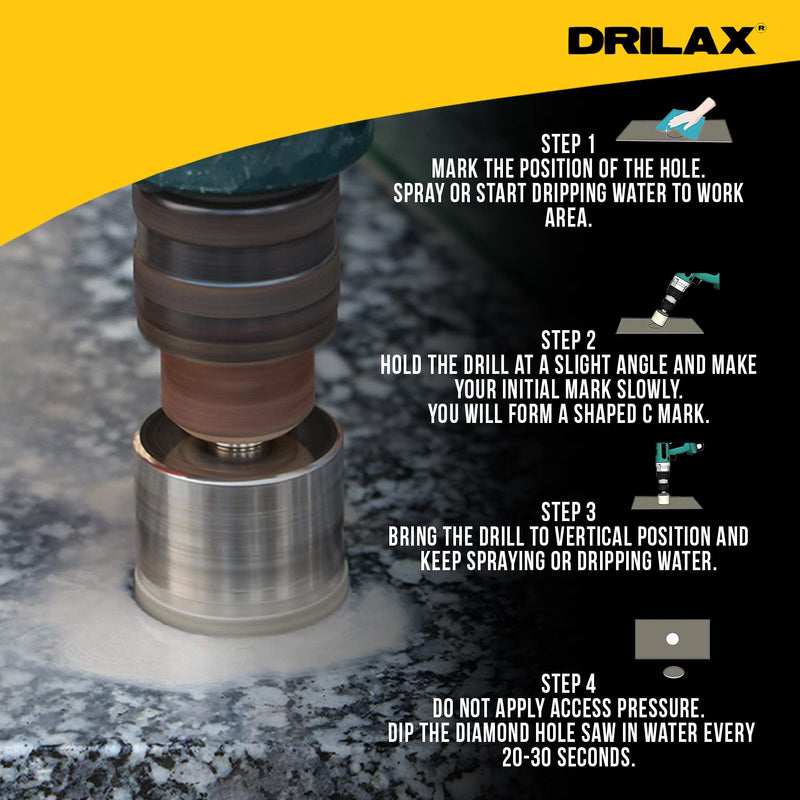 Drilax Diamond Drill Bit Set | 8-Piece Hole Saw Kit (3/8" to 1-3/4") for Ceramic, Porcelain, Glass, Granite & Tile | Standard 3/8" Shank, 1-1/8" Depth | Versatile Wet Drilling Tool