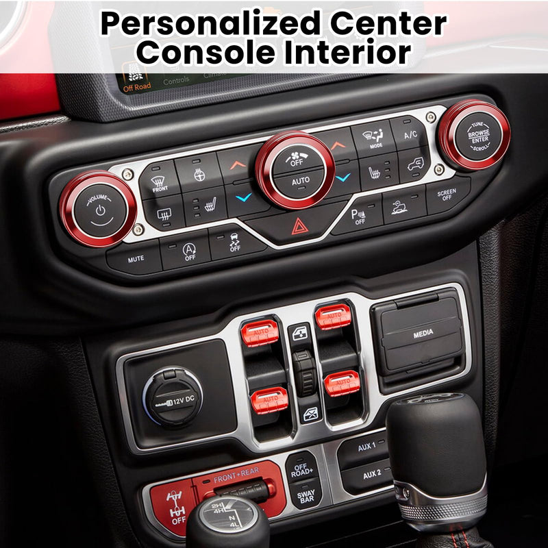 8PCS Metal Button Knob Cover for Jeep Wrangler JL JLU 2018-2025 & Gladiator JT Accessories Window Switch Button Cover Volume Radio Air Conditioner Headlight Switch Knob Cover (Red) Red