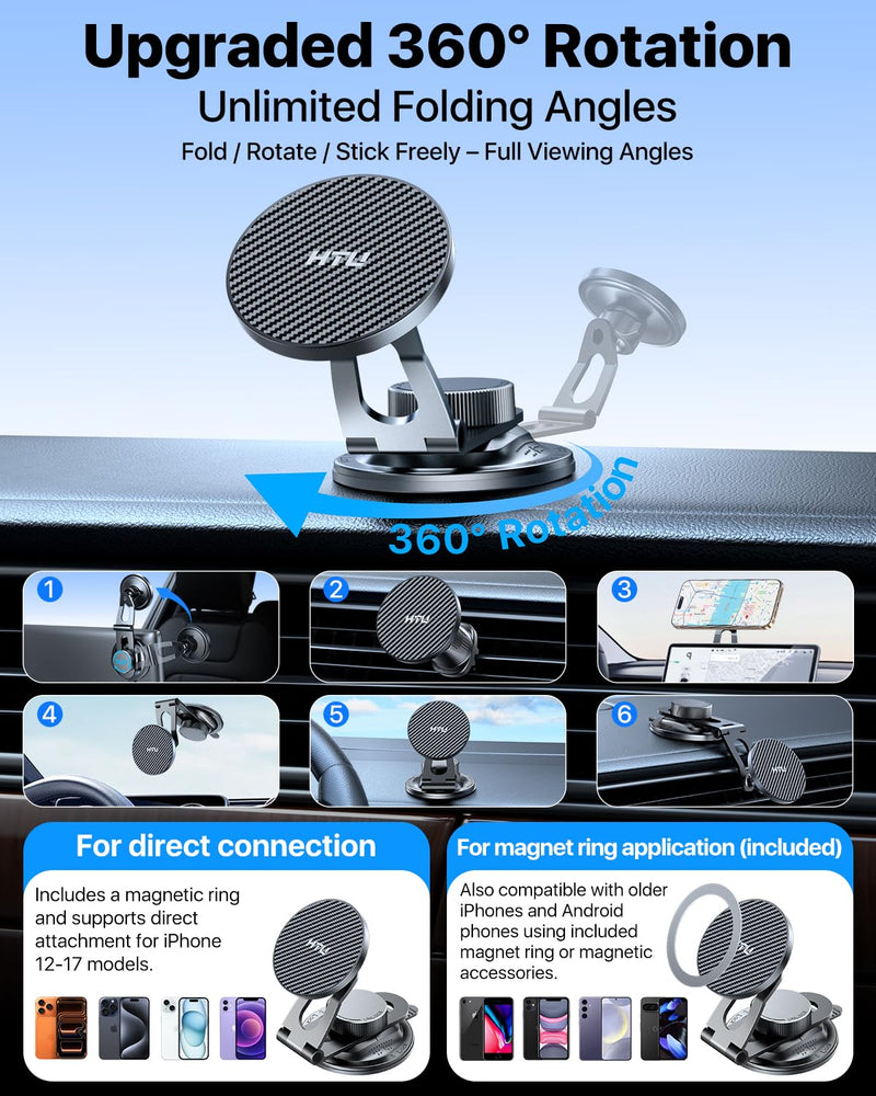 【2026 Military-Grade】 for MagSafe Car Mount【Upgraded Strongest Magnetic&Suction】 Magnetic Phone Holder Cell Stand for Phone Holders for Your Car for Tesla Truck Cradle for iPhone 17 16 15,Black Black