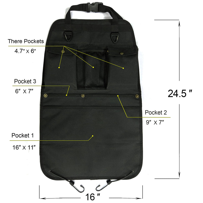 Black Car Seat Back Organizer with Multiple Pockets and Hooks black