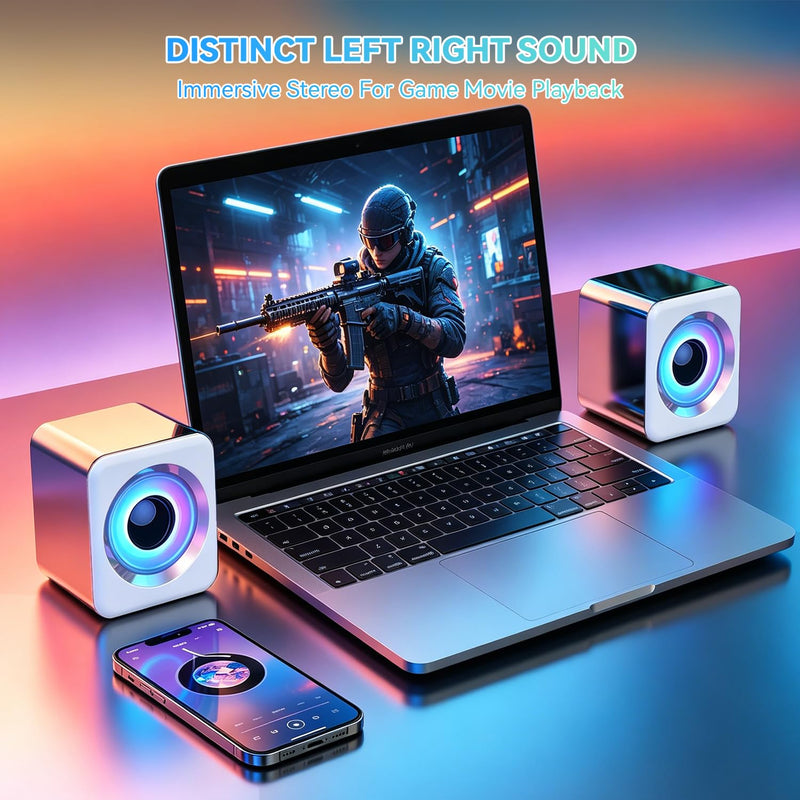 Computer Speakers, New Diamond Diaphragm Design, USB Wired Unit with Volume Control, 3.5mm Audio Jack Delivers Rich Stereo Sound, Compatible with Phones, Tablets and MP3 Players(White) White