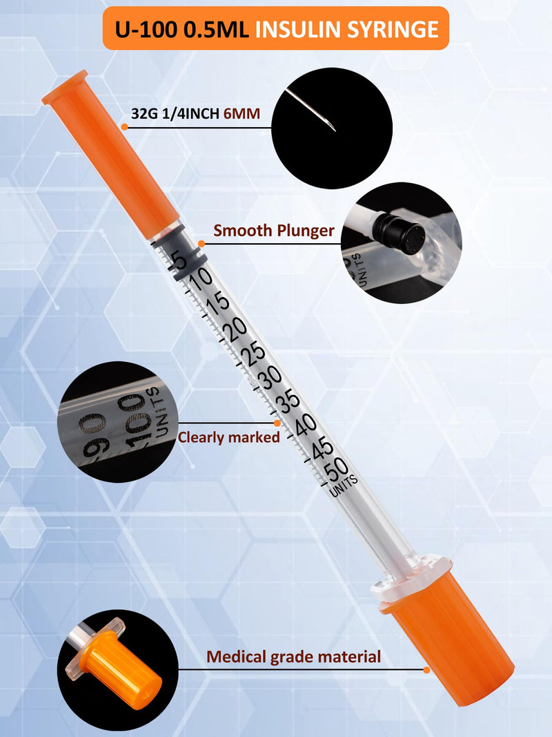 100 Pack 0.5ml Disposable Syringe, 32G 0.5cc 1/4 Inch (6mm) Lab Supplies Syringes, Individually Wrapped 0.5ml 32g 1/4inch 100