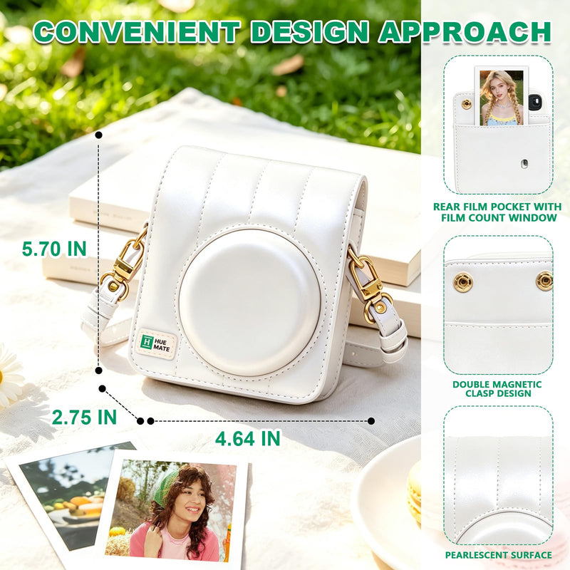 Camera Case for Fujifilm Instax Mini 13/12 Instant Camera, White | Mini 13 Camera Protective Case, Mini 13/12 Case Cover, PU Leather Bag, Pearlescent Stripes Bag, Adjustable Strap, No Camera