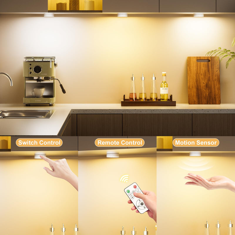 Under Cabinet Lighting, 1500mAh Rechargeable Motion Sensor Puck Lights with Remote, 3 Color Temper, Magnetic Stick on Light, Dimmable Under Counter Lights for Kitchen, Shelf, Closet, Stair, 6Pack 6 Pack Warm White & CoolWhite