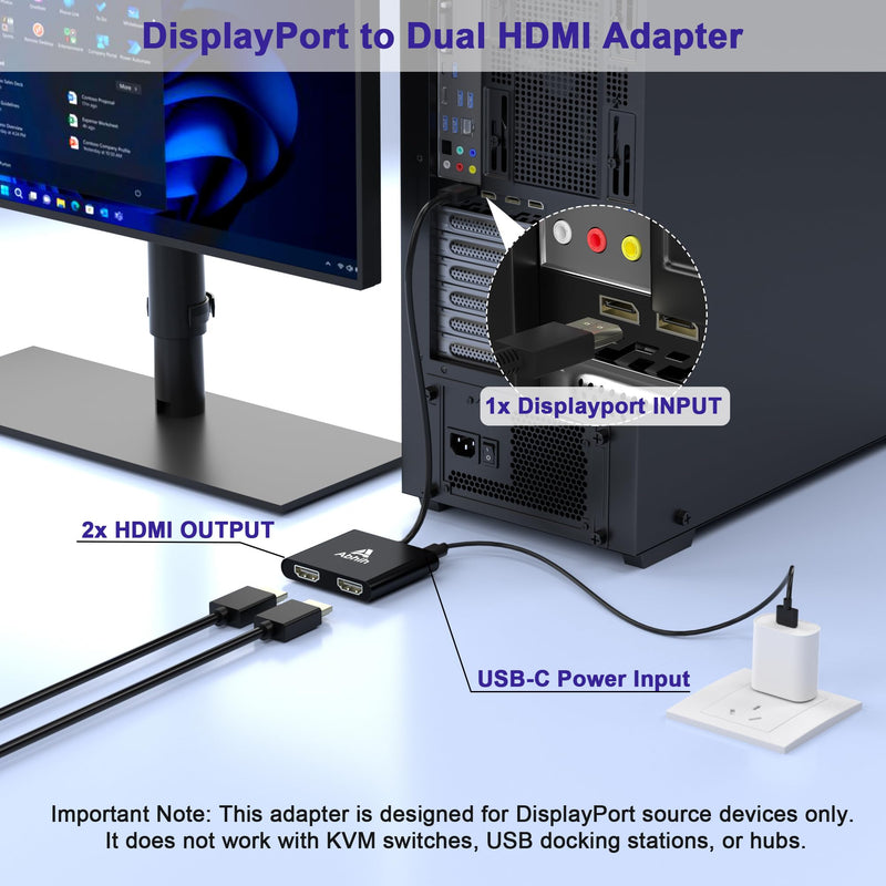 DisplayPort to Dual HDMI Adapter, DisplayPort Splitter for Dual Monitors | DP 1.4 to HDMI 2.0 Splitter 1 in 2 Out, Extended Display MST Hub for PC/Laptop/NVIDIA AMD Graphics Card, SST/MST Support