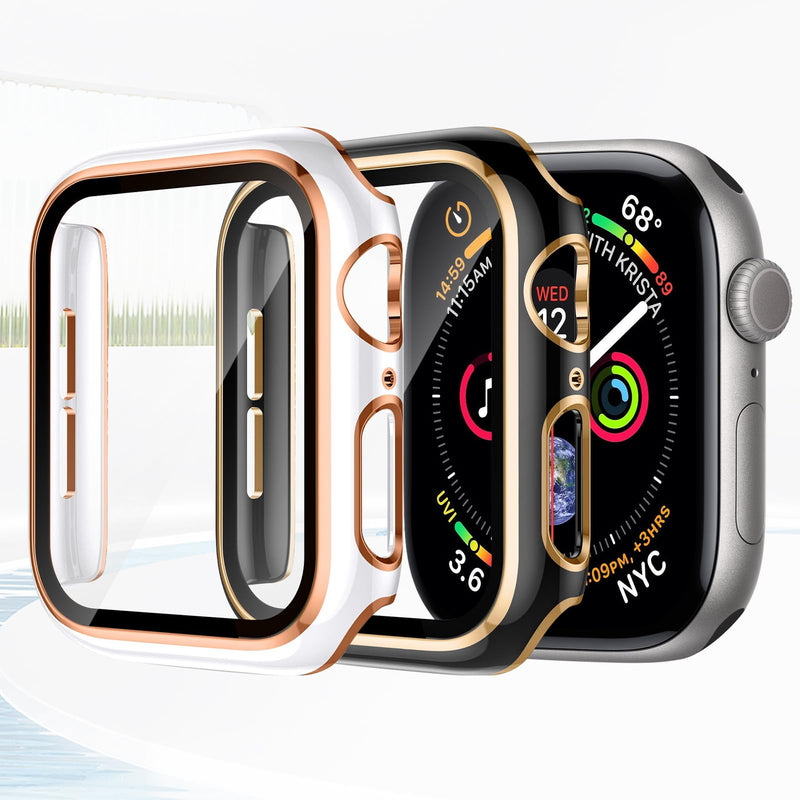 Tempered Glass Screen Protector for Apple Watch case Series SE 11 10 9 8 7 6 5 4 40mm 44mm 41mm 45mm 49mm 42mm 46mm Waterproof Cover PC Protective Bumper for iwatch. (41mm,Black/Gold) Black/Gold