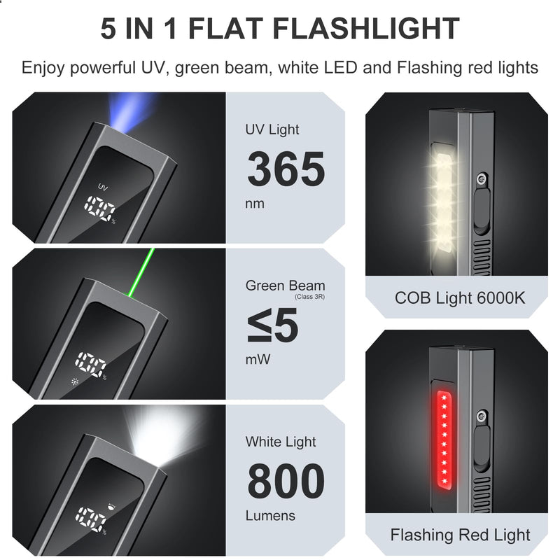 Rechargeable EDC Flat Flashlights, 5 IN1 PRO Flashlight with Green Beam, UV and White LED Combo, 800 Hight Lumens Pocket Lights with Magnet/Bag, Portable Light for Work and Emergency(Black) Black