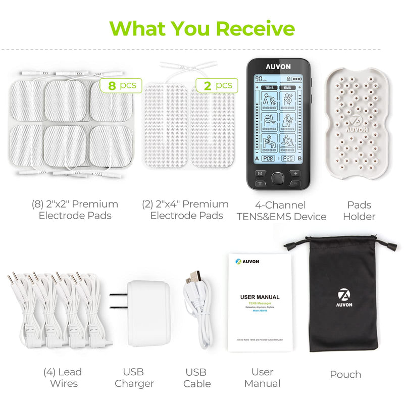 AUVON 4 Outputs TENS Unit EMS Muscle Stimulator Machine for Pain Relief Therapy with 24 Modes Electric Pulse Massager, 2" and 2"x4" Electrodes Pads, Black A Black