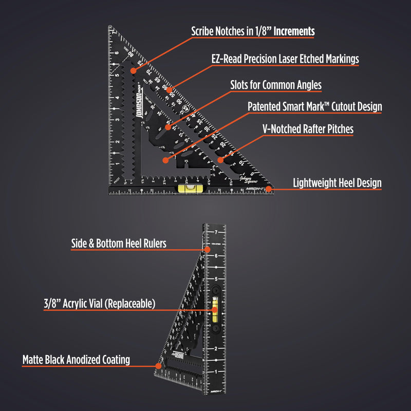 Johnson Level & Tool 1904-0700V 7-1/4" Johnny Square® MACH-1™ Smart Mark™ Rafter Square with Level Vial, Black 7-1/4-inch MACH-1 with Level Vial