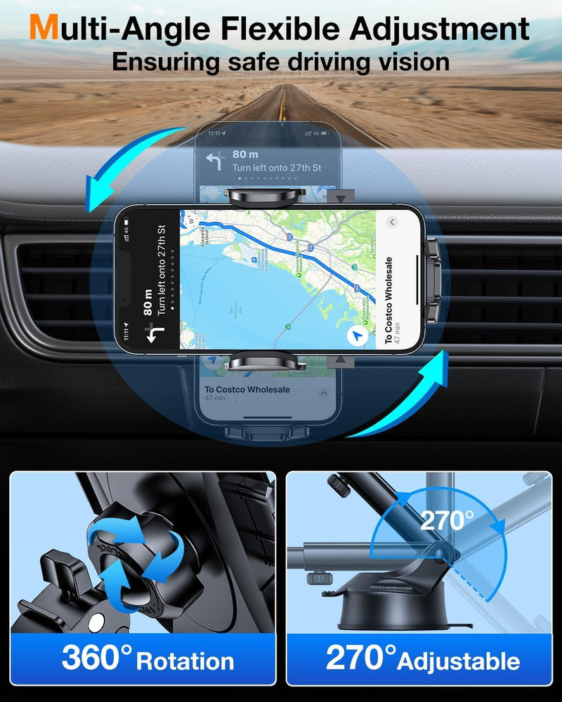 Car Phone Holder【2026 Upgraded 100+LBS Suction & Safety Cert】 Cell Phone Car Mount for Truck Heavy Duty Phone Holder for Dashboard/Windshield/Vent for iPhone 17 16 Pro Max, Dark Black