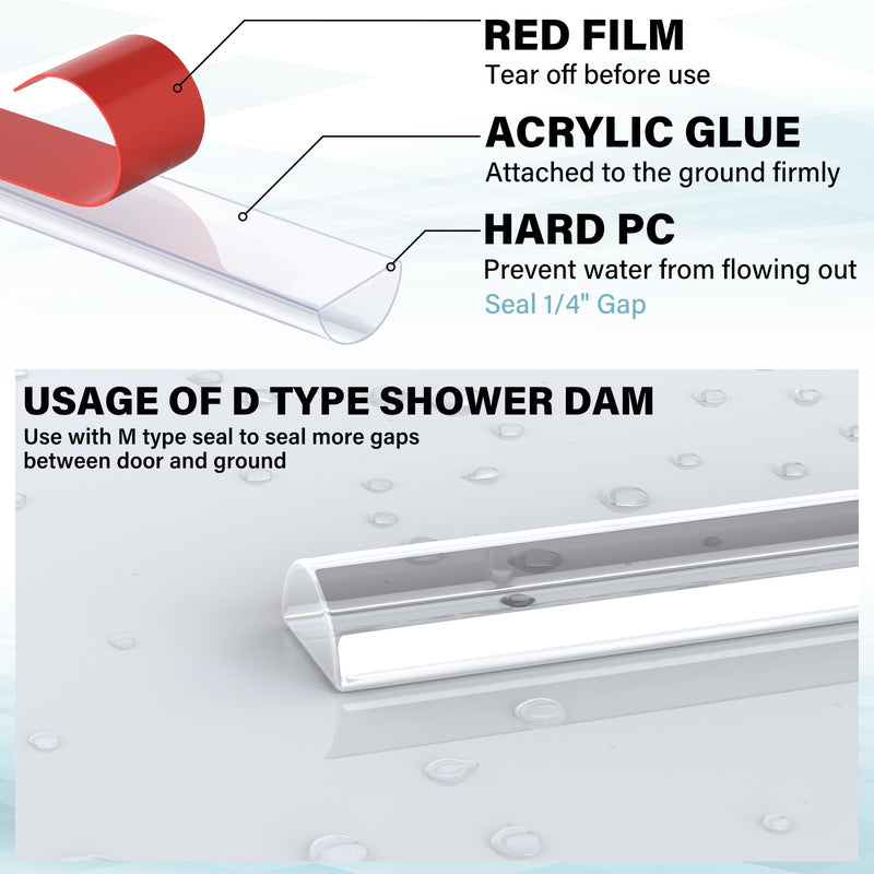 Pushglossy Shower Door Bottom Seal 2 Sets 3/8" x 39.37" Frameless Glass Shower Door Sweep Seal Strip with Drip Rail, Stop Water Leaks Classic Style