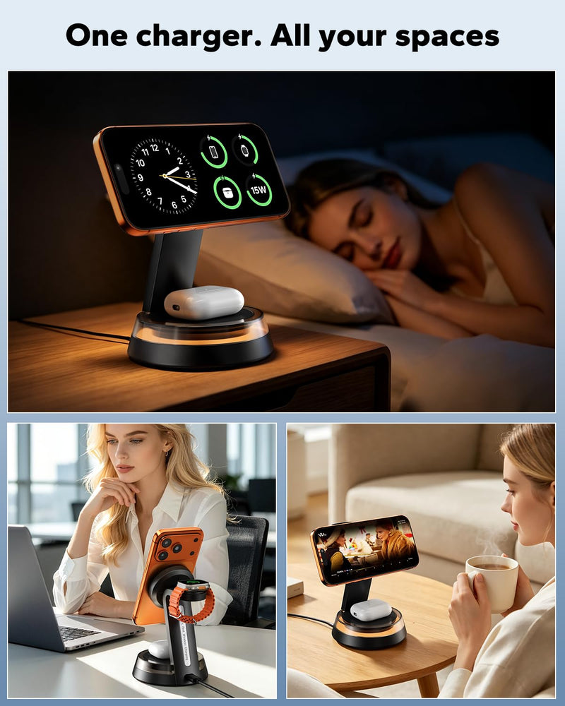 3 in 1 iPhone Nightstand Charging Station for MagSafe, 15W Fast Wireless Charger Stand with Night Light for Desk, Charging Dock for iPhone 17 16 15 13 12 / Apple Watch/AirPods, with 30W Adapter