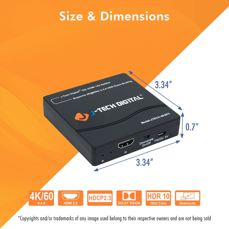 HDMI Splitter 1 in 2 Out 4K 60Hz Multi-Resolution Output (MRO) by J-Tech Digital HDMI 2.0 Splitter Supports Downscale HDR HDR10 / Dolby Vision 4K@60Hz 4:4:4 HDCP2.3 2.2 (JTECH-4KSP2) 4K 1x2 4:4:4