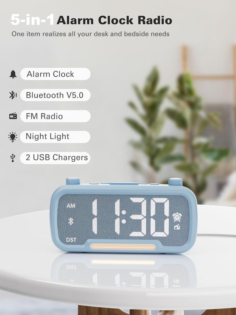 Mesqool Digital Alarm Clock with 2 USB Chargers,Bluetooth Speaker, FM Radio,Night Light,5-Level Dimmer,Adjustable Volume,12/24H,Snooze,Battery Backup,Loud Clock Radio for Heavy Sleepers Adults Blue