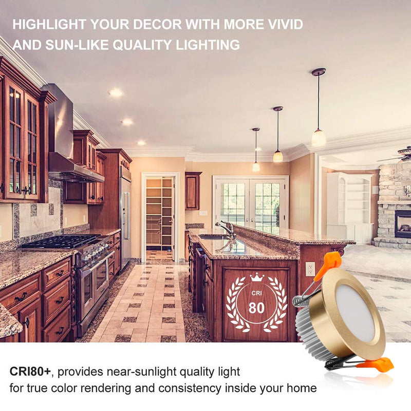 YGS-Tech 3 Inch LED Recessed Lighting, Dimmable Downlight 5W(40W Halogen Equivalent), 3000K Warm White Ceiling Light, CRI80, Gold Trim with LED Driver(4 Pack) 3000k (Warm White) Gold-3Inch-4Pack