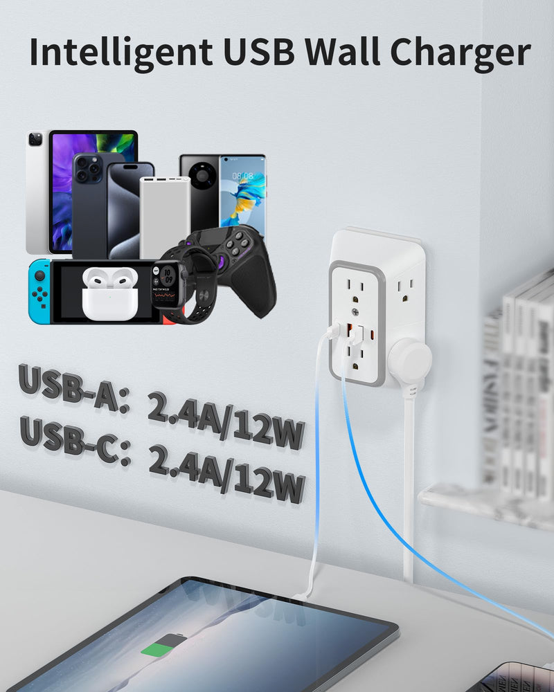 Outlet Extender 6 AC Surge Protection 1050J,Wall Charger 2 USB A&2 USB C | Multi Plug Wall Outlet,6 Outlet Splitter,3-Sided Power Strip,Wide Space Wall Adapter for Home Office Kitchen Travel 1 pack