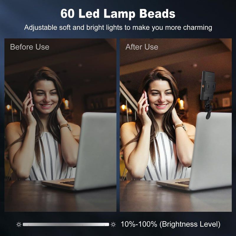 Selfie Light, Phone Light with Front & Back Clip(2 Pack), 60 LED Portable Light with 3 Light Modes, 5000mAh Rechargeable Video Light for Phone, iPhone, Laptop, TikTok, Makeup, Live Stream, Vlog 2Pack Black