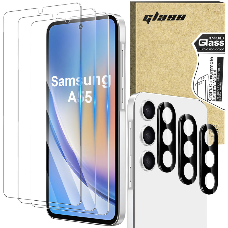 [3+3 Pack] Samsung Galaxy A55 5G Screen Protector, 3 Pack HD Tempered Glass + 3 Pack Camera Lens Protector, 9H Hardness, Touch Sensitive, Bubble Free, Case Friendly for Samsung A55 Screen Protector