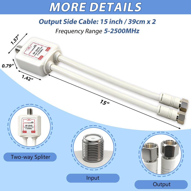 Satellite Splitter 5-2500MHz, 2-Way CATV Splitter with RG6 Coaxial Cable and 2 Connectors, for Pass Power to LNB, Improve HD TV Satellite Antenna Signal Quality, Corrosion Resistant 15 inch