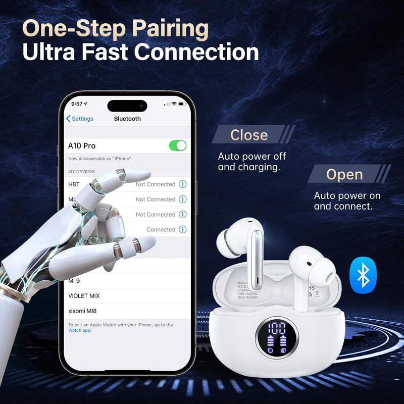 Wireless Earbuds, Bluetooth 5.3 Headphones HiFi Stereo 50H Playback LED Digital Display Ear Buds with ENC Noise Canceling Headset, IPX7 Waterproof Earphones for Gym/Running/Work（White） White