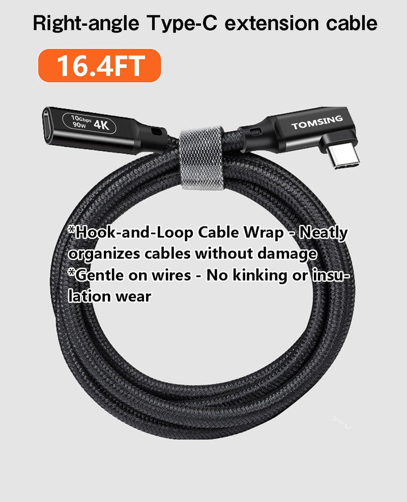 Right Angle USB C Extension Cable（90W/10Gbps/4K@60Hz）,16.4FT,Type-C Male to Female,Extension Charging & Sync for Playstation, Xbox, Flash Drive, Printer, Camera and More（Black） 16.4FT（90W/10Gbps) Black(Braided) 1