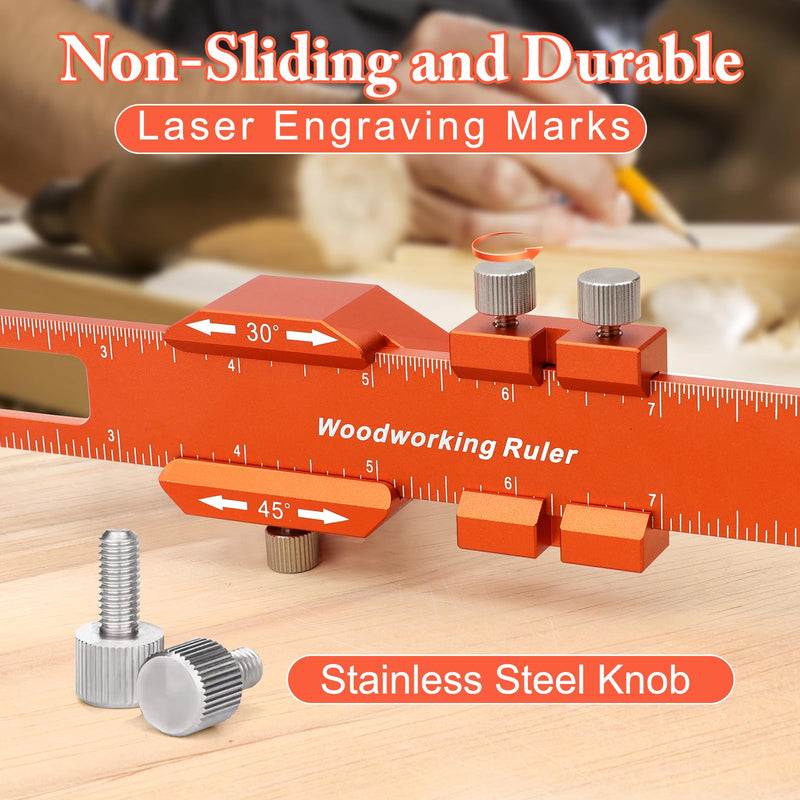 Woodworking Ruler Set 3PCS(6/8/12-Inch) - Precision Aluminum Pocket Rulers with Dual Inch & Metric Scales | T-Type Scribing & Square Edge for Marking