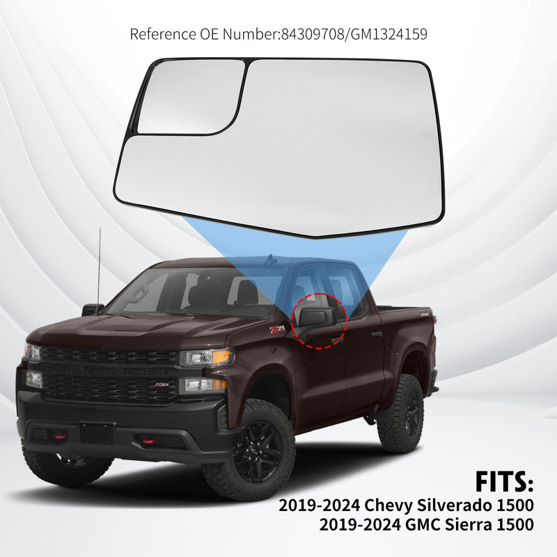 Driver Left Side Door Heated Mirror Glass with Rear Holder Convex Blind Spot Glass for Chevy Silverado 1500 and GMC Sierra 1500 2019-2024 Replace# GM1324159 84309708 L