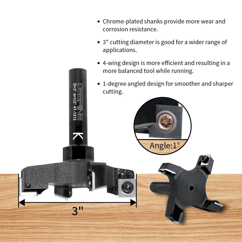 Slab Flattening Router Bit 1/2 Shank, 4-Wing, 3" Cutting Dia | Insert Carbide CNC Spoilboard Surfacing Router Bit,Wood Planer Planing Bit for Fly cutter/ Slab Leveler/ Rabbeting 1/2" shank,3" cut dia.(black)