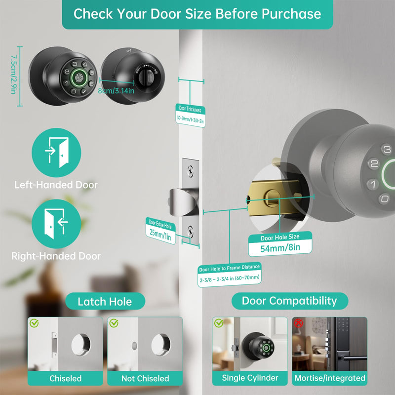 Fingerprint Door Lock - Smart Door Knob, Biometric Door Lock with Keypad Passcode Door Handle for Bedroom Home Office (Black) Black APP