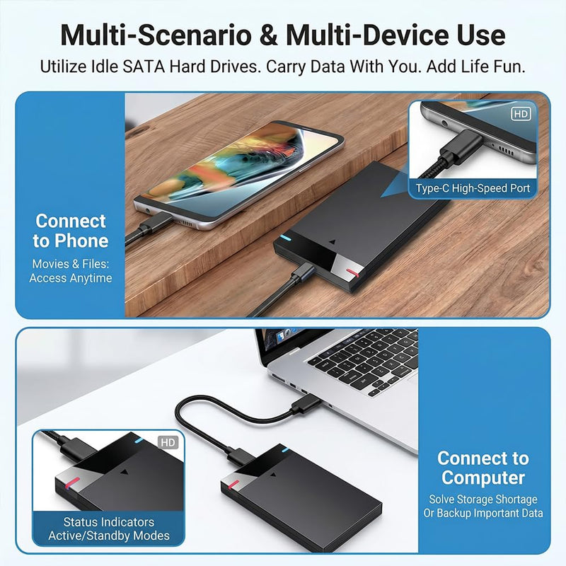 Compatible External Hard Drive Enclosure, USB 3.0 High Speed Portable HDD Case, Tool-Free Installation for 2.5-inch SATA Drives, Compact Storage Expansion Enclosure, Black