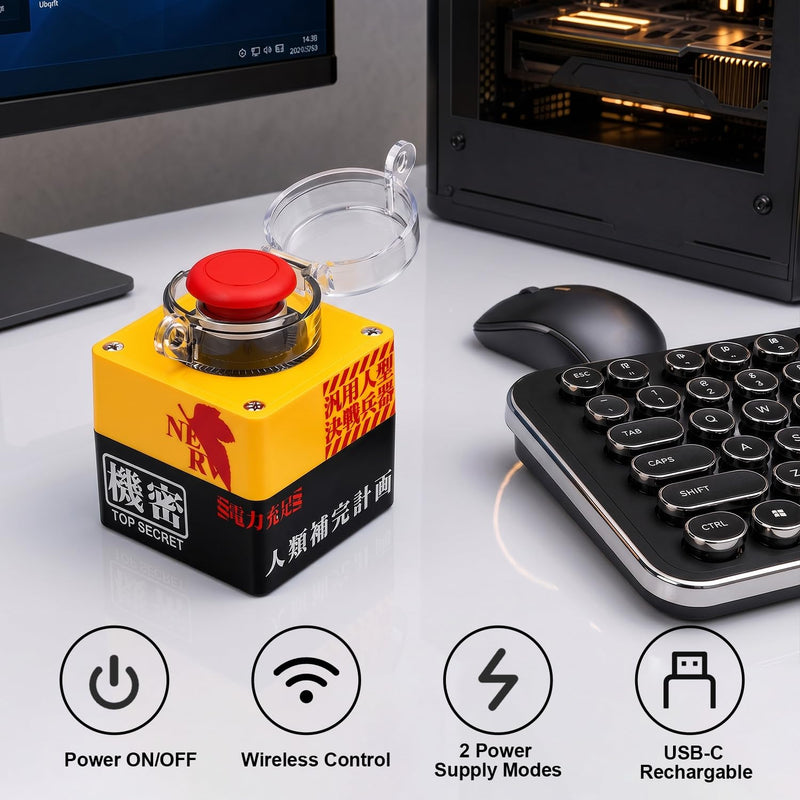 Wireless PC Power Button, Detonator-Style PC Start Button with Cover | USB-C Rechargeable Computer Power Switch by PCIe or USB 2.0 Powered, Anti-Mistouch Design with DIY Decorative Stickers